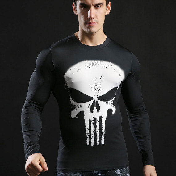 long sleeve quick dry punisher compression shirt white skull