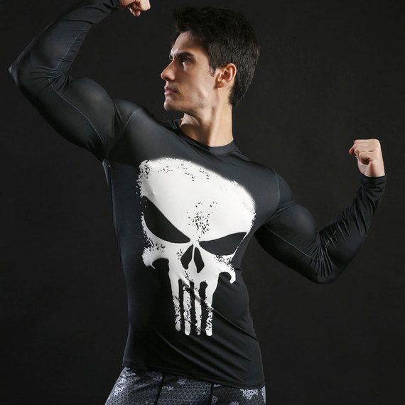 long sleeve punisher skull white compression shirt quick dry workouts t shirt