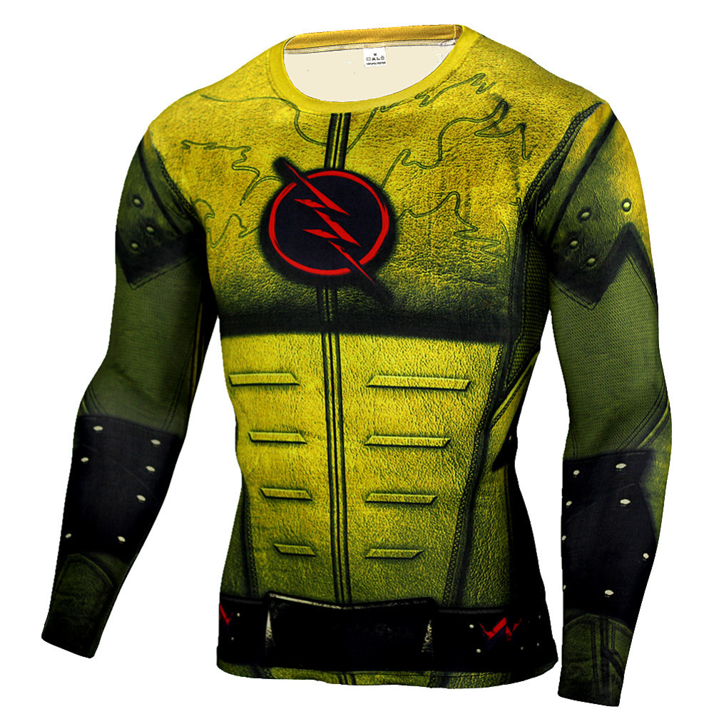 Long Sleeve Quick Dry DC Marvel The Flash Superhero Compression Shirt Yellow
