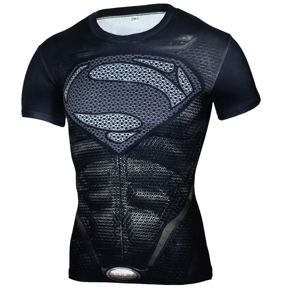 Short Sleeve Slim Fit Black Superman Compression Shirt For Running