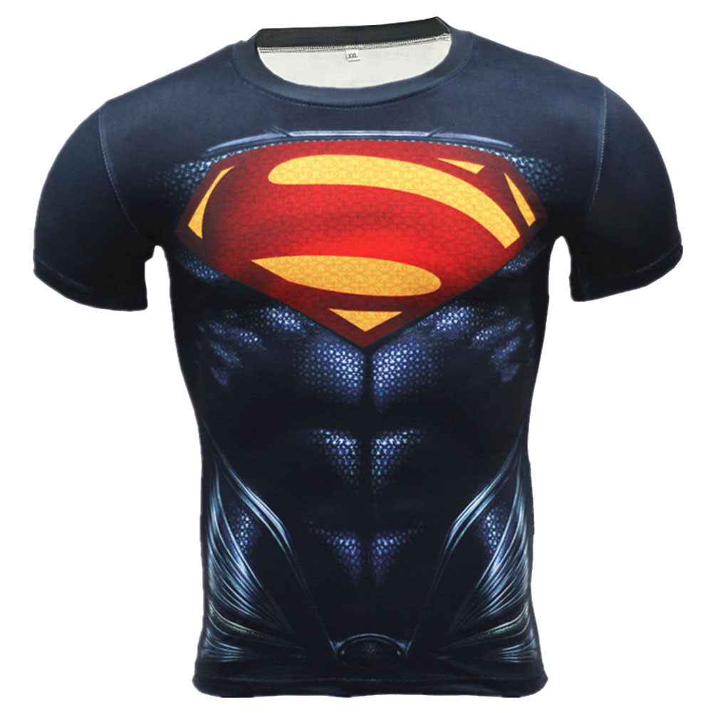 Short Sleeve Quick Dry Red And Black Superman Compression Shirt For Gym