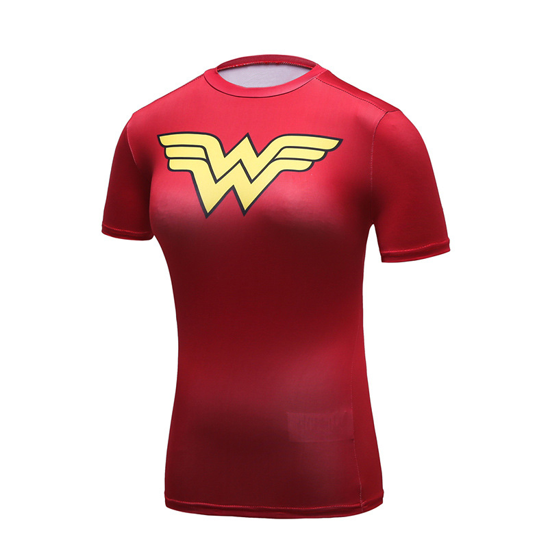 Short Sleeve Slim Dri Fit Red Wonder Woman Compression Running Shirt For Girls