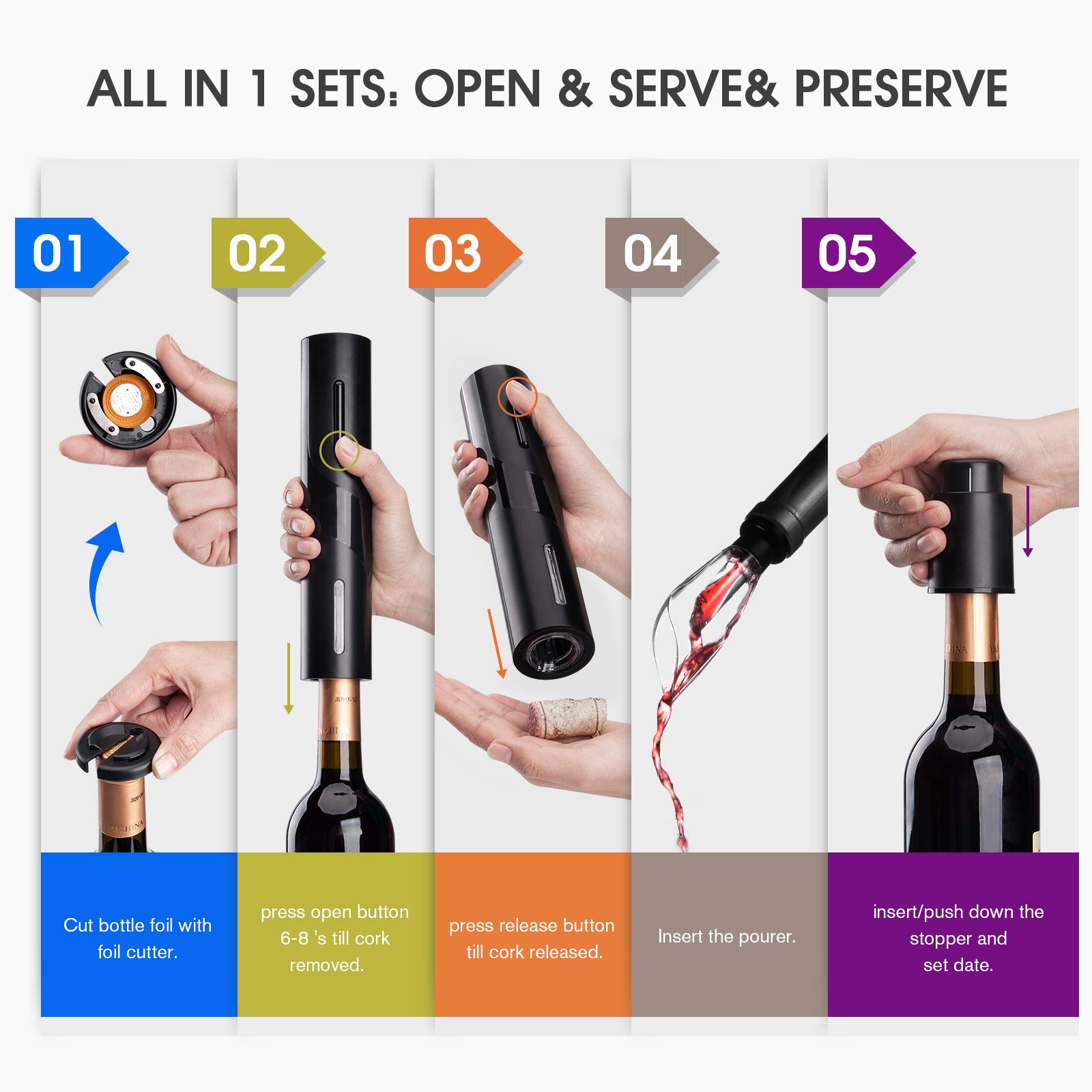 Open The Wine Accessory Kit - 6 Piece Wine Opener Set with Manual  Corkscrew, Vacuum Sealers, Stopper, Aerator, Pourer - Wine Gifts for Women  - Wine