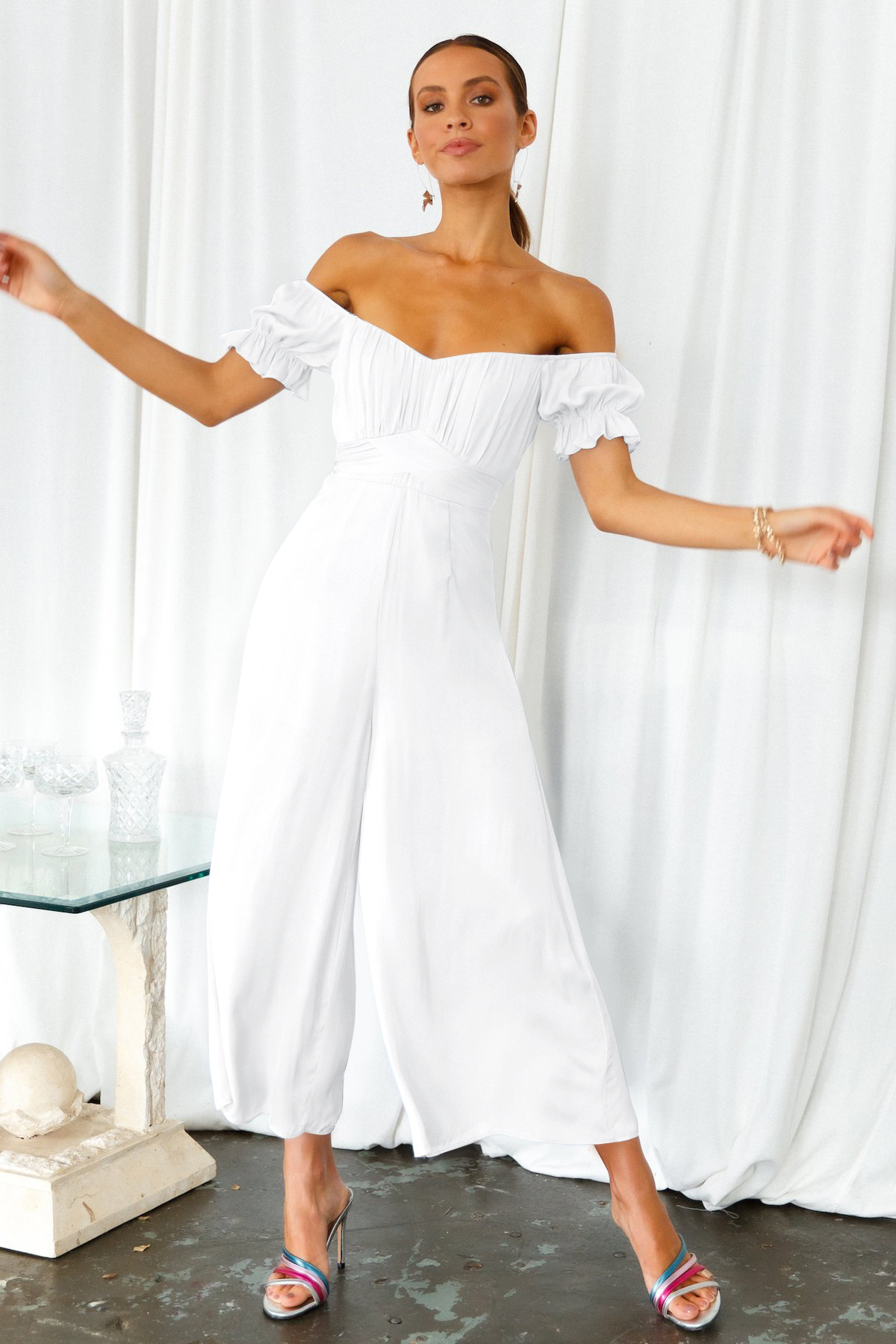 Women's Casual Off Shoulder Ruffle bJumpsuit White