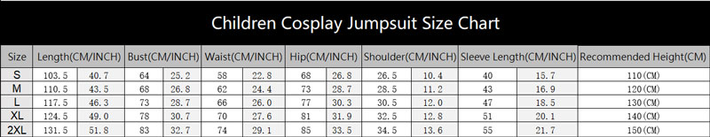 Kids halloween Cosplay Jumpsuit size Chart