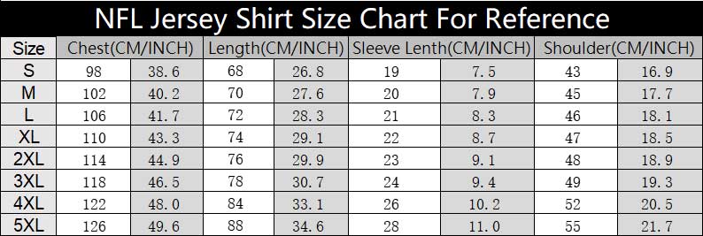 NFL Jersey Short Sleeve Shirt Size Chart