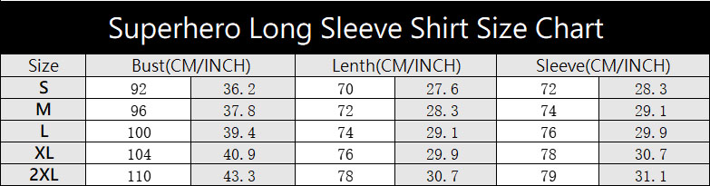 Long Sleeve Marvel Superhero Series Compression Workout Shirt Size Chart For Reference