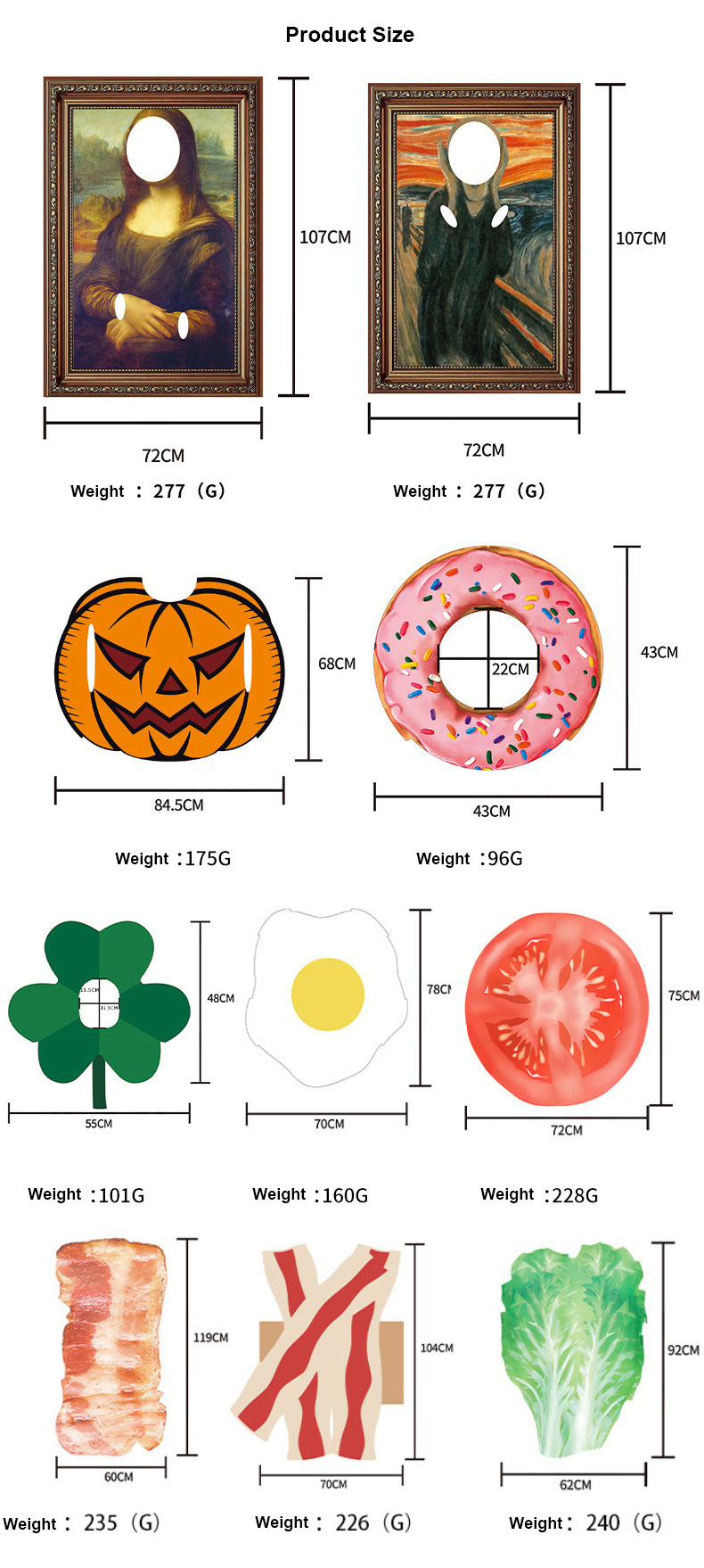 funny costume - size chart and weight