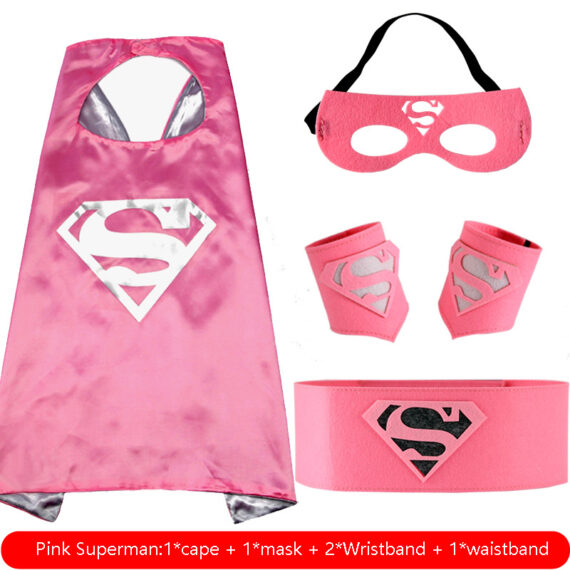 Pink Superman cape and mask set for girls with wristbands waistband