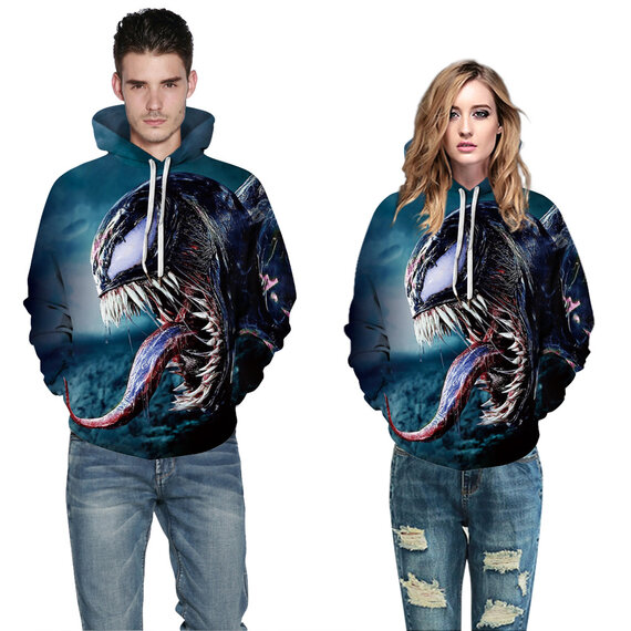 Long Sleeve Cool Marvel Venvom Print Hoodie Blue