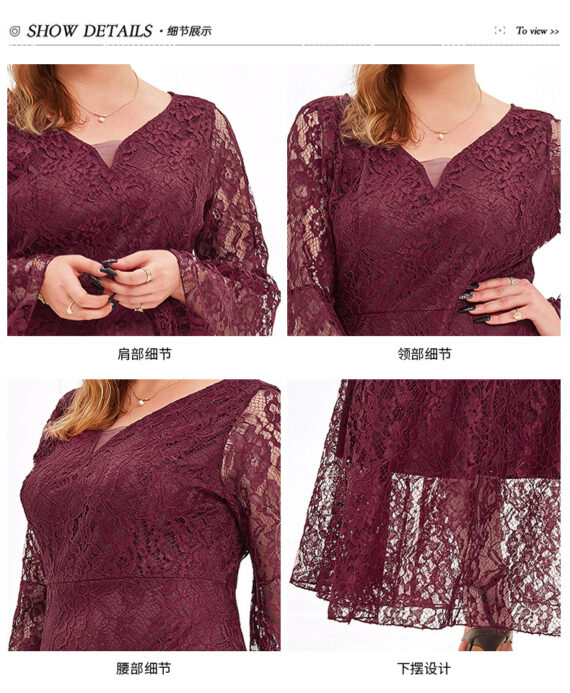 Chubby Lady's Plus Size Long-Sleeve Wine Red Floral Lace Wedding Dress - Product Detail