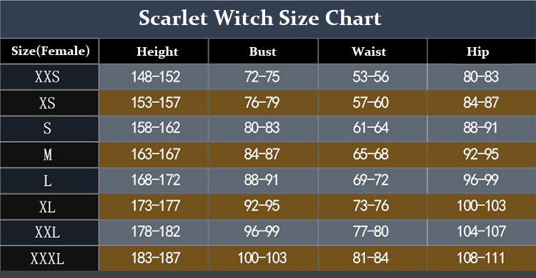 Female Scarlet Witch Cosplay Suit Size Chart For Reference