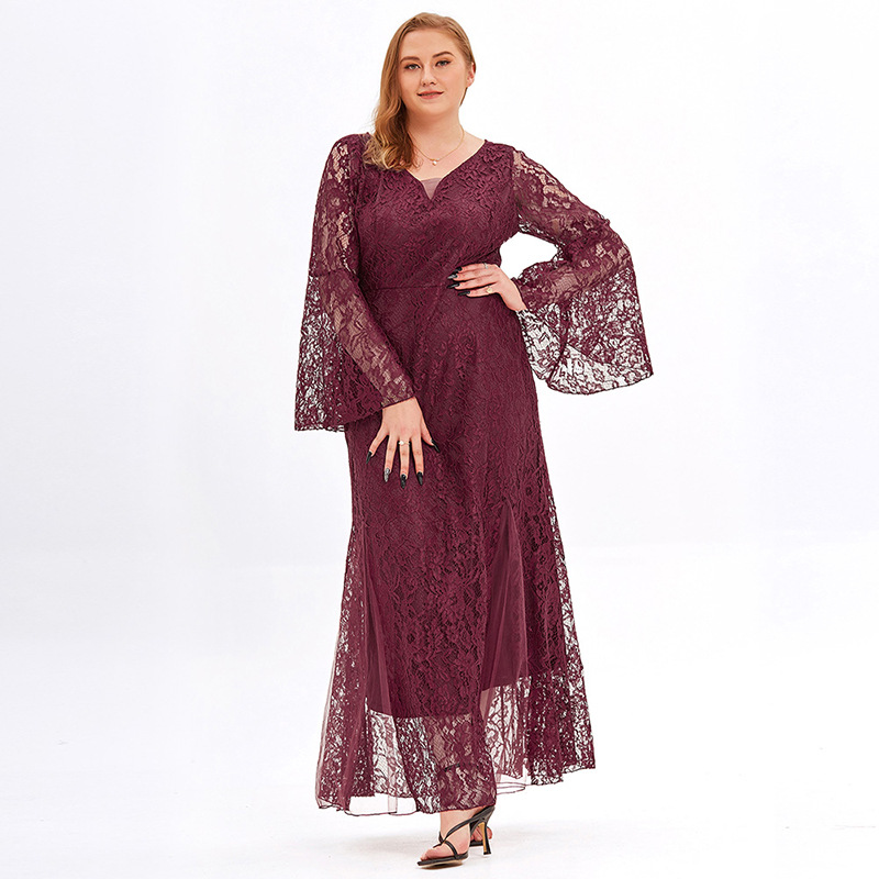 Wine Red Plus Size Women Floral Lace Wedding Formal Party Dress