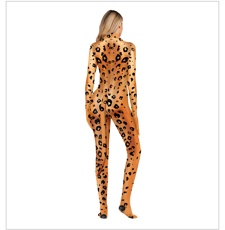 Women's Sexy Leopard Turtleneck Jumpsuit With Tail for Halloween Cosplay- model show - back