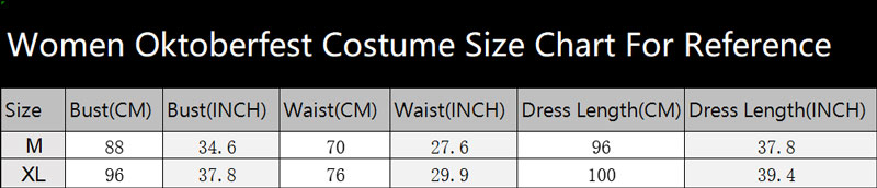 1207 Women Oktoberfest Costume Size Chart
