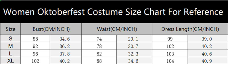 sku 19018 Women Oktoberfest Costume Size Chart
