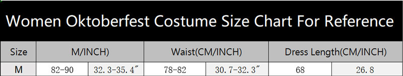sku 3164 Women Oktoberfest Costume Size Chart