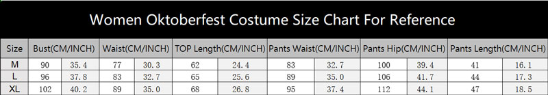sku 3224 Women Oktoberfest Costume Size Chart
