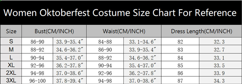 sku 2157 Women Oktoberfest Costume Size Chart
