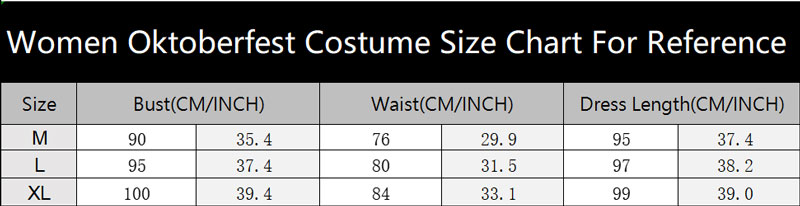 sku 7039 Women Oktoberfest Costume Size Chart