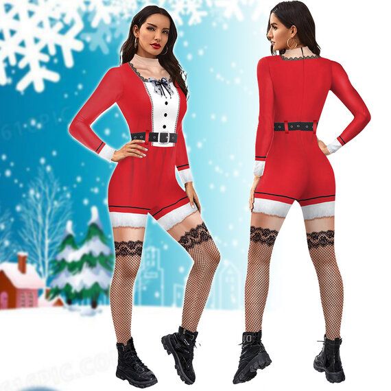 Women Sexy Fashion Print Long Sleeve Christmas Jumpsuits Santa Costume