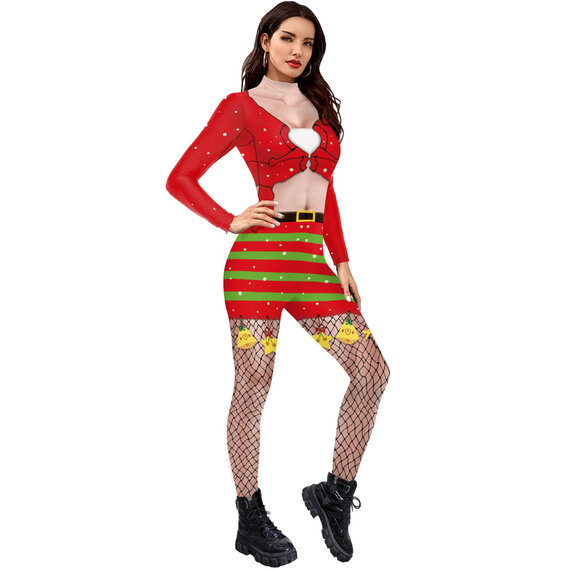 Red And Green Strip with panty hose and bells print Christmas Jumpsuit Female