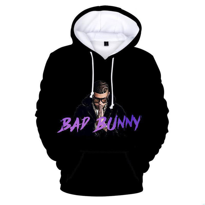 Cool Bad Bunny Print Pullover Hoodie Black PKAWAY