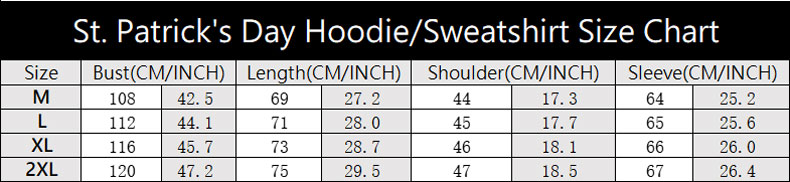 St. Patrick's Day Graphic Hoodie Size Chart For Reference