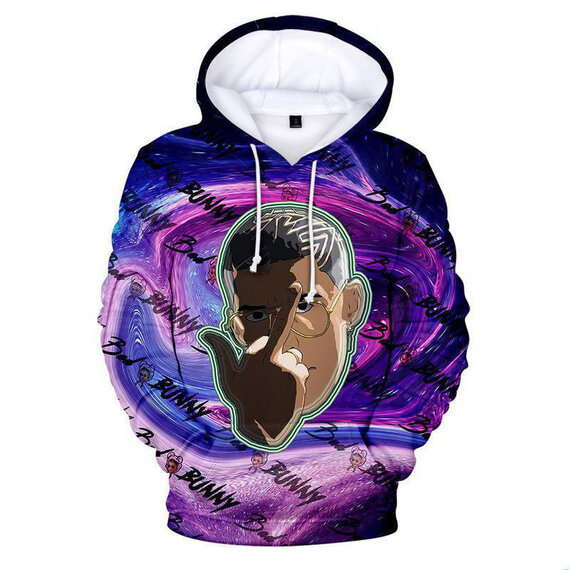 Bad Bunny 3D Printed Distressed Hoodie,this Hip Hop Rapper Hoodie Sweatshirt With A Cute Print And Cartoon Portrait Print. Front Pocket, Drawstring Hoodie