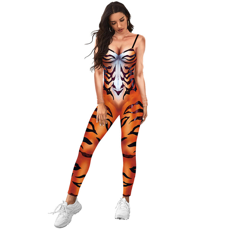 Woman Long Sleeve Jumpsuit Tiger Stripes Printed Catsuit - PKAWAY