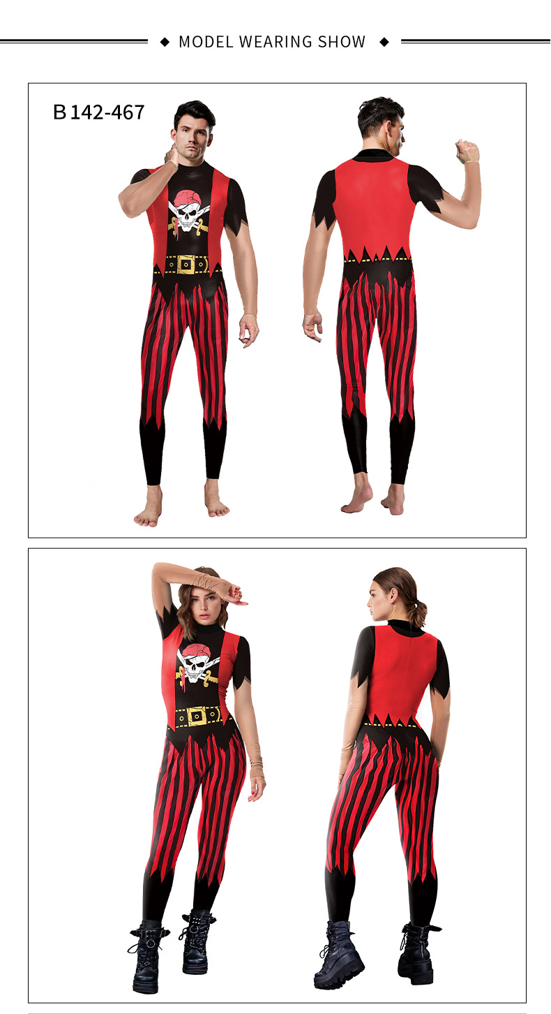 prarent child red pirate halloween jumpsuit for cosplay - model show