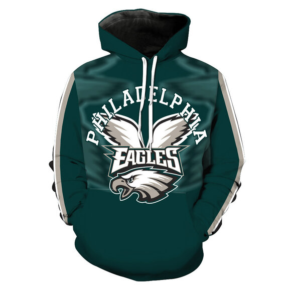 Long Sleeve NFL Jersey Hoodie Philadelphia Eagles 3D print Hooded Sweatshirt Drawstring Green