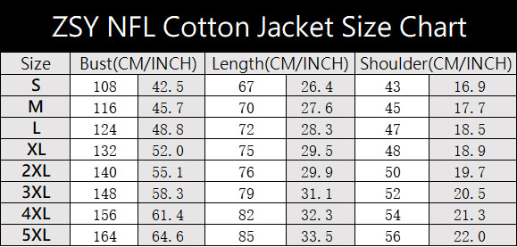 NFL Cotton Jacket For Winter Size Chart