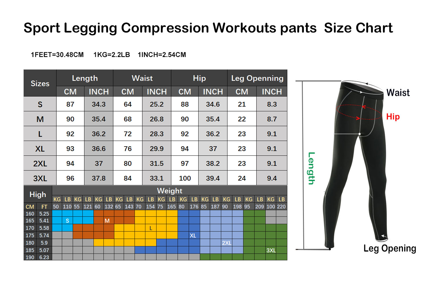 Yoga Legging Compression Workouts Pants Size Chart